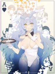  animal_ears bad_id bad_pixiv_id bare_shoulders black_bow black_bowtie blue_hair blue_pantyhose bow bowtie breasts card closed_mouth collarbone commission fake_animal_ears feet_out_of_frame female finger_to_mouth food girls&#039;_frontline hair_between_eyes highres holding holding_tray large_breasts light_blue_hair long_hair looking_at_viewer official_alternate_costume pantyhose pixiv_commission playboy_bunny poker_chip rabb_horn rabbit_ears smile solo standing tar-21_(girls&#039;_frontline) tar-21_(night_at_the_bar)_(girls&#039;_frontline) tray yellow_eyes 