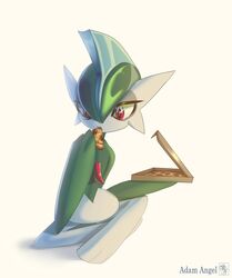  2019 adam_angel anthro artist_name container digital_media_(artwork) eating english_text food gallade generation_4_pokemon hi_res male nintendo not_furry pizza pizza_box pokemon pokemon_(species) red_eyes simple_background solo text 