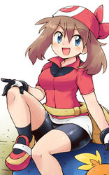  :d bandana bike_shorts bike_shorts_under_skirt black_socks blue_eyes breasts brown_hair collared_shirt commentary_request eyelashes fanny_pack female gloves hair_between_eyes may_(pokemon) n36hoko open_mouth pokemon pokemon_(creature) pokemon_rse red_bandana red_footwear red_shirt shirt shoes sitting skirt smile socks tongue torchic white_skirt yellow_bag 