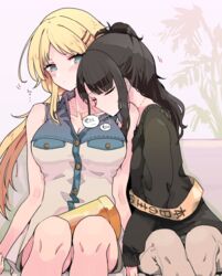  2girls ahoge black_hair black_sweater blonde_hair blush breasts cleavage collarbone couch hachimiya_meguru hair_ornament hairpin head_on_another&#039;s_shoulder highres idolmaster idolmaster_shiny_colors jewelry kazano_hiori large_breasts leaning_on_person looking_at_another multiple_girls necklace shirt sitting sleeping sleeveless sleeveless_shirt speech_bubble sweater vader_(n.r.t.a.) yuri 