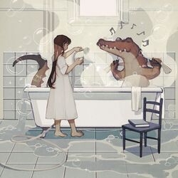  1:1 anthro assisted_bathing bath bathing bathroom book bubble chair closed_eyes clothing crocodile crocodilian crocodylid digital_media_(artwork) digital_painting_(artwork) dress duo female furniture hose human male mammal musical_note reptile rt0no scalie spiked_tail spikes spikes_(anatomy) steam tail tile towel water window 