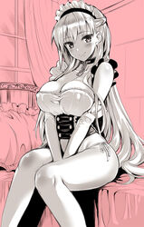  azur_lane bare_shoulders bed bed_sheet bedroom belfast_(azur_lane) between_legs blush braid breasts chains cleavage closed_mouth collar collarbone corset covered_nipples curtains dated elbow_gloves fantia_reward female french_braid frills gloves hand_between_legs highres indoors kojima_saya large_breasts long_hair long_sleeves looking_at_viewer maid maid_headdress monochrome on_bed paid_reward panties partially_colored photoshop_(medium) pillow pink_background side-tie_panties sitting smile solo speech_bubble taut_clothes thighs underbust underwear very_long_hair white_gloves window 