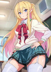  :&lt; aqua_skirt blonde_hair blue_eyes blurry bow bowtie bracelet ceiling_light chalkboard classroom collared_shirt depth_of_field desk elf female garter_straps hand_on_own_hip highres highschool_elf_(nakahira_guy) indoors jewelry long_hair multicolored_hair nakahira_guy original pink_hair pleated_skirt pointy_ears public_address_system red_bow red_bowtie school_desk school_uniform shirt skindentation skirt solo streaked_hair sweater thighhighs thighs two-tone_hair very_long_hair white_thighhighs window 