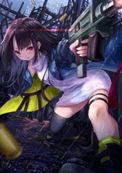  black_hair black_thighhighs blue_jacket c-ms_(girls&#039;_frontline) cbj-ms city dark female firing girls&#039;_frontline gun highres jacket knee_pads konome_noi long_hair on_one_knee rain red_eyes shell_casing single_knee_pad single_thighhigh skindentation solo submachine_gun thighhighs tongue tongue_out weapon 