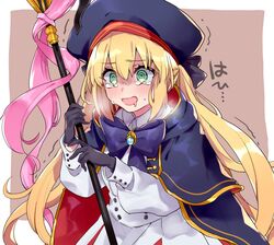  ... @_@ artoria_caster_(fate) artoria_caster_(second_ascension)_(fate) artoria_pendragon_(fate) blonde_hair blush commentary_request crying crying_with_eyes_open drooling fate/grand_order fate_(series) female full-face_blush gloves green_eyes hair_between_eyes hat highres holding holding_staff long_hair long_sleeves manami_(fearfac666) mouth_drool open_mouth solo staff tears trembling upper_body 