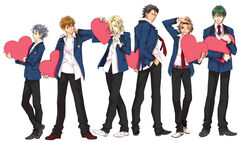  6+boys ;d ahoge arm_up bad_id bad_pixiv_id belt black_footwear black_hair black_pants blazer blonde_hair blue_eyes blue_jacket brown_hair carrying carrying_under_arm collared_shirt dress_shirt facing_viewer finger_to_mouth fujiyama_arashi glasses green_hair grey_hair habataki_academy_school_uniform hair_between_eyes hair_slicked_back hair_strand hand_in_pocket hand_on_own_chest heart holding index_finger_raised jacket konno_tamao legs_apart lineup long_sleeves looking_at_viewer looking_back male_focus multiple_boys necktie niina_junpei no_neckwear one_eye_closed open_clothes open_shirt pan_chira pants profile red_footwear red_necktie sakurai_kouichi sakurai_ruka school_uniform shirt shitara_seiji shoes short_hair shushing simple_background smile sneakers spiked_hair standing striped_necktie sweater tokimeki_memorial tokimeki_memorial_girl&#039;s_side tokimeki_memorial_girl&#039;s_side_3rd_story undershirt untucked_shirt walking white_background white_shirt 