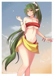  bandeau bangle bare_arms bare_legs bare_shoulders bikini blush bracelet breasts collarbone commentary commission cosplay english_commentary feet_out_of_frame female fire_emblem fire_emblem:_mystery_of_the_emblem green_eyes green_hair hair_between_eyes hand_up highres jewelry large_breasts long_hair mian_(parapa_kun) nagi_(fire_emblem) navel outdoors parted_lips pointy_ears ponytail red_bikini sarong second-party_source sekaiju_no_meikyuu sekaiju_no_meikyuu_1 shilleka shilleka_(cosplay) solo standing stomach strapless strapless_bikini swimsuit thighs tube_top very_long_hair 