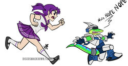  anthro armor asian_clothing blue_body blue_scales clothing discosmackdown duo east_asian_clothing gecko gex_(series) gex_the_gecko green_body green_scales hair headgear helmet human japanese_clothing japanese_school_uniform lizard mammal purple_eyes purple_hair reptile running sailor_toon_girl scales scalie school_uniform serafuku simple_background twintails uniform watermark white_background 