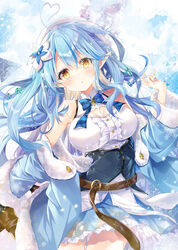  :o ahoge bare_shoulders belt belt_buckle beret blue_bow blue_flower blue_hair blue_jacket blue_skirt bow braid breasts brown_belt brown_eyes buckle center_frills cleavage cleavage_cutout clothing_cutout colored_tips commentary_request female flower frilled_skirt frills fur-trimmed_sleeves fur_trim hair_flower hair_ornament half_updo hand_up hat heart heart_ahoge highres hololive jacket long_hair long_sleeves looking_at_viewer medium_breasts mocha_(naturefour) multicolored_hair off_shoulder open_clothes open_jacket parted_lips plaid plaid_bow pointy_ears print_skirt shirt side_braid skirt sleeveless sleeveless_shirt snowflake_print solo streaked_hair very_long_hair virtual_youtuber white_flower white_hat white_shirt yukihana_lamy yukihana_lamy_(1st_costume) 