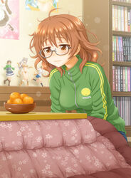  ahoge araki_hina blush book bookshelf breasts bromide brown_hair closed_mouth commentary_request female figure floating_hair food fruit glasses hida_tatsuo idolmaster idolmaster_cinderella_girls indoors kotatsu light_smile looking_away mandarin_orange medium_breasts semi-rimless_eyewear sitting solo sweater table upper_body wavy_mouth 