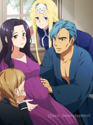  1boy 3girls absurdres aco_(bearchannel) alice_zuberg asymmetrical_bangs bent_over bercouli_(sao) black_hair blonde_hair blue_dress blue_eyes blue_hair blue_kimono blurry blurry_background breasts brown_eyes closed_mouth collarbone dress earrings fanatio_synthesis_two hair_intakes hairband hand_on_own_cheek hand_on_own_face highres indoors japanese_clothes jewelry kimono long_hair manly medium_breasts multiple_girls open_mouth pregnant purple_dress selka_zuberg siblings sisters smile spoilers sword_art_online sword_art_online:_alicization twitter_username very_long_hair watermark white_hairband 