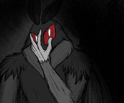  ambiguous_gender anthro arthropod black_body crezz_crow grey_body hand_on_face insects lepidopteran looking_at_viewer moth mothman pupils red_eyes simple_background slit_pupils solo 