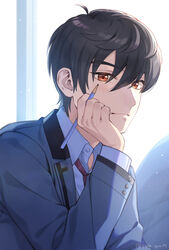  1boy ahoge between_fingers black_hair collared_shirt dress_shirt elbow_rest habataki_academy_school_uniform hand_on_own_cheek hand_on_own_face hand_up head_rest highres holding holding_pencil jacket kazama_ryouta long_sleeves looking_at_viewer male_focus necktie orange_eyes pencil red_necktie school_uniform shirt short_hair smile solo tokimeki_memorial tokimeki_memorial_girl&#039;s_side_4th_heart ttnk_gc19 upper_body white_shirt 