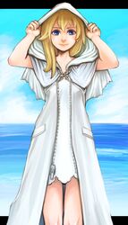  alternate_costume blonde_hair blue_eyes closed_mouth cloud day dress female hood hood_up hoodie kingdom_hearts kingdom_hearts_ii long_hair looking_at_viewer namine shibe362 smile solo water white_dress 