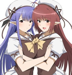  2girls blue_hair brown_eyes brown_hair brown_shirt commentary_request ekaki_kukuma hat highres hug lisianthus long_hair looking_at_viewer multiple_girls national_verbena_academy_school_uniform nerine pointy_ears puffy_sleeves sailor_collar sailor_hat school_uniform serafuku shirt short_hair shuffle! simple_background white_background white_sailor_collar 