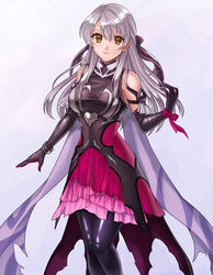  bare_shoulders bird black_gloves black_ribbon black_thighhighs bow bracelet breasts cape closed_mouth dress elbow_gloves female fire_emblem fire_emblem:_radiant_dawn fire_emblem_heroes gloves gradient_clothes grey_hair hair_ribbon hairbow half_updo hazuki_(nyorosuke) highres jewelry lips long_hair medium_breasts micaiah_(fire_emblem) micaiah_(resplendent)_(fire_emblem) official_alternate_costume ribbon shiny_clothes short_dress silver_background simple_background sleeveless sleeveless_dress solo standing thighhighs torn_cape torn_clothes turtleneck yellow_eyes 