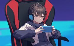  1boy brown_eyes brown_hair chair closed_mouth fengtu_ad gaming_chair headphones highres holding holding_phone hugh_moss_(tears_of_themis) jacket jersey leaning_back lolicon long_sleeves male_focus phone short_hair sitting solo swivel_chair tears_of_themis white_jacket 