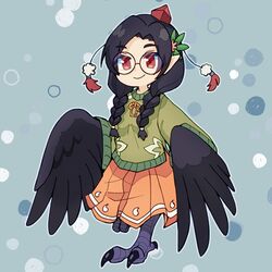  bird_legs black_feathers black_hair black_wings blue_background braid commentary_request commission feathers female full_body glasses green_sweater hair_ornament hair_over_shoulder harpy hat karasu_tengu_(monster_girl_encyclopedia) long_hair looking_at_viewer monster_girl monster_girl_encyclopedia orange_skirt pointy_ears red_eyes round_eyewear skeb_commission skirt smile solo standing standing_on_one_leg sweater talons textless_version tokin_hat twin_braids urotori winged_arms wings 