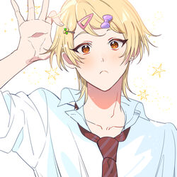  1boy blonde_hair blush bow collared_shirt earrings frown habataki_academy_school_uniform hair_ornament hairbow hairclip highres honda_iku jewelry looking_at_viewer male_focus medium_hair necktie orange_hair red_necktie school_uniform shirt short_hair simple_background solo star_(symbol) striped_necktie stud_earrings tenryou_sena tokimeki_memorial tokimeki_memorial_girl&#039;s_side_4th_heart upper_body w white_background white_shirt 