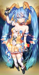  +_+ absurdly_long_hair animal_ears bad_id bad_pixiv_id black_gloves blue_eyes blue_hair breasts commentary decorator_(vocaloid) fake_animal_ears female full_moon gloves hair_between_eyes hatsune_miku headphones highres kirisaki_shuusei long_hair medium_breasts moon rabbit_ears skirt solo thighhighs twintails very_long_hair vocaloid white_thighhighs yellow_skirt 