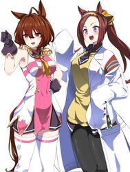  2girls agnes_tachyon_(umamusume) agnes_tachyon_(umamusume)_(cosplay) ahoge animal_ears armpits bandolier black_gloves black_necktie black_pantyhose breasts brown_hair coat commentary_request cosplay costume_switch cowboy_shot dress ear_ornament epaulettes gloves hair_between_eyes highres horse_ears horse_girl lab_coat long_hair medium_breasts multiple_girls necktie nerukichikatafukuma open_mouth pantyhose pink_eyes ponytail red_eyes sakura_bakushin_o_(umamusume) sakura_bakushin_o_(umamusume)_(cosplay) short_hair sleeveless sleeveless_dress sleeves_past_fingers sleeves_past_wrists smile standing sweater_vest thighhighs umamusume white_coat white_thighhighs yellow_sweater_vest 