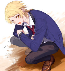  1boy :d ant black_pants blazer blonde_hair blue_jacket blush bug collared_shirt crossed_arms dress_shirt dutch_angle earrings from_above from_side habataki_academy_school_uniform honda_iku jacket jewelry loafers long_sleeves looking_at_viewer male_focus necktie open_mouth orange_eyes pants red_necktie school_uniform shirt shoes short_hair smile solo squatting stud_earrings tenryou_sena tokimeki_memorial tokimeki_memorial_girl&#039;s_side_4th_heart white_shirt 