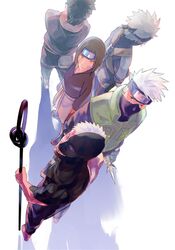  4boys aged_down apron back black_hair brown_eyes brown_hair closed_mouth dual_persona facial_mark female forehead_protector from_above from_behind hatake_kakashi highres konohagakure_symbol looking_at_viewer mask mouth_mask multiple_boys naruto_(series) naruto_shippuuden nohara_rin pants red_eyes rinnegan scar scar_across_eye sharingan short_hair smile uchiha_obito vest white_hair zetsu_(naruto) zifletts 