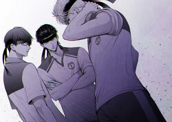  3boys arm_up chiroru covered_mouth crossed_arms dutch_angle fujiyama_arashi glasses habataki_academy_school_uniform hair_slicked_back headband jewelry konno_tamao looking_at_viewer male_focus monochrome multiple_boys parted_lips purple_theme ring sakurai_kouichi school_uniform short_hair short_sleeves sleeves_rolled_up spot_color tokimeki_memorial tokimeki_memorial_girl&#039;s_side_3rd_story uneven_eyes white_background 