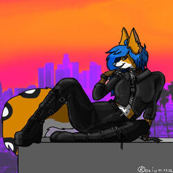  1:1 anthro belt biped black_body black_fur blue_hair blue_nose boots bottomwear bracelet building canid canine canis city city_background clothed clothing collar colorful_theme concrete_wall digital_media_(artwork) female fishnet_clothing fishnet_topwear footwear full-length_portrait fully_clothed fur goth_boots grey_eyes hair half-closed_eyes harness hi_res high_place jacket jewelry koziu koziu_(artist) leather leather_boots leather_bottomwear leather_bracelet leather_clothing leather_collar leather_footwear leather_jacket leather_pants leather_topwear los_angeles mammal metal_claws narrowed_eyes orange_body orange_fur orange_sky pants portrait red_wolf sky skyscraper solo spiked_bracelet spikes sunset topwear wall_(structure) white_body white_fur wolf 