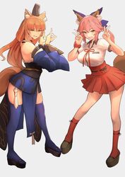  2girls absurdres animal_ear_fluff animal_ears bare_shoulders blue_bow blue_kimono blue_thighhighs blush bow breasts cleavage cosplay costume_switch detached_sleeves dh_ead double_fox_shadow_puppet double_v fate/extra fate/extra_ccc fate/extra_ccc_fox_tail fate_(series) fox_ears fox_girl fox_shadow_puppet fox_tail hair_between_eyes hairbow highres japanese_clothes kimono kneehighs large_breasts long_hair looking_at_viewer multiple_girls obi oerba_yun_fang open_mouth orange_eyes orange_hair pink_hair red_legwear red_skirt sash school_uniform scrunchie shirt short_sleeves sidelocks skirt smile socks suzuka_gozen_(fate) suzuka_gozen_(fate)_(cosplay) tail tamamo_(fate) tamamo_no_mae_(fate/extra) tamamo_no_mae_(fate/extra)_(cosplay) thighhighs thighs twintails v white_shirt wide_sleeves wrist_scrunchie yellow_eyes 