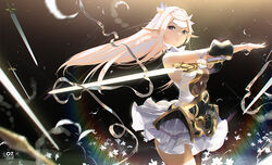  black_background blonde_hair bow bowtie braid braided_bangs costor32 dress elf epic_seven female finger_cots floating floating_object floating_sword floating_weapon flower hair_flower hair_ornament hairband iseria_(epic_seven) jewelry long_hair looking_at_viewer multiple_swords pointy_ears ring serious sleeveless sleeveless_dress solo sword thumb_ring very_long_hair weapon white_bow white_bowtie white_dress white_flower white_hairband wristband 