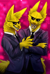  2022 alien anthro canid canine canis claws clothing crossed_arms duo ears_up eyewear fangs fur hi_res jim_(subwoolfer) keith_(subwoolfer) kirino03 looking_at_viewer male mammal name_tag necktie open_mouth signature standing subwoolfer suit sunglasses teeth tongue wolf yellow_body yellow_fur 