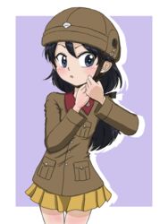  :o adjusting_clothes adjusting_headwear black_eyes black_hair black_ribbon border brown_headwear brown_jacket chi-hatan_military_uniform cowboy_shot female girls_und_panzer hair_ribbon helmet jacket kubota_rin light_blush long_hair long_sleeves looking_at_viewer low-tied_long_hair military military_uniform miniskirt open_mouth outside_border pleated_skirt purple_background ribbon silhouette skirt solo standing takahashi_kurage uniform white_border yellow_skirt 