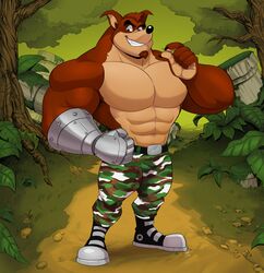  abs absurd_res activision anthro bandicoot belt biceps bottomwear clothed clothing crash_(series) crunch_bandicoot digital_media_(artwork) facial_hair fur hi_res male mammal marsupial muscular muscular_anthro muscular_male polartoons simple_background solo 