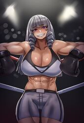  abs absurdres biceps blunt_bangs boxing_gloves boxing_ring boxing_shorts breasts cleavage commentary commission drill_hair english_commentary evil_grin evil_smile ezzydraws female grey_hair grin highres large_breasts long_hair looking_at_viewer muscular muscular_female navel original parted_lips purple_eyes shorts smile solo sports_bra teeth twin_drills white_sports_bra 