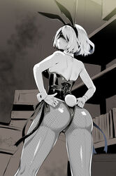  2b_(nier:automata) adjusting_clothes animal_ears ass back black_blindfold black_hairband black_leotard blindfold blush breasts cameltoe covered_eyes detached_collar facing_viewer fake_animal_ears fantia_reward female fishnet_pantyhose fishnets from_behind hairband highres kojima_saya leotard mole mole_under_mouth monochrome nier:automata nier_(series) open_mouth paid_reward pantyhose parted_lips photoshop_(medium) playboy_bunny rabbit_ears rabbit_tail shiny_skin shoulder_blades solo strapless strapless_leotard tail wrist_cuffs 