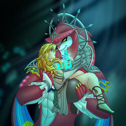  1:1 absurd_res ahegarou anthro bioluminescence blonde_hair breath_of_the_wild bridal_carry carrying_another clothing crown duo femboy fish glowing hair headgear hi_res human humanoid humanoid_pointy_ears king link long_hair male male/male mammal marine nintendo prince_sidon rauru&#039;s_arm royalty scar shark sharp_teeth size_difference tears_of_the_kingdom teeth the_legend_of_zelda toga zora 