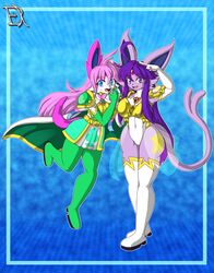  2023 absurd_res ahoge anthro armor blue_eyes bodily_fluids bottomwear cape clothing derthevaporeon duo eeveelution espeon exposed_hips female forked_tail generation_2_pokemon generation_6_pokemon gesture gold_(metal) gold_armor hair head_gem hi_res hip_markings jewelry kagome_(sugarysylvee) leg_markings markings mask nintendo pink_hair pokemon pokemon_(species) purple_eyes purple_hair ribbons salute shoulder_pads skirt smile smiling_at_viewer surprised_expression sweat sweatdrop sylveon tail takume_(derthevaporeon) unusual_anatomy unusual_tail weapon 