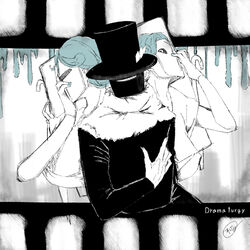  3boys absurdres closed_eyes commentary_request curly_hair dramaturgy_(eve) dual_persona film_border green_hair hat highres hitotsume-sama holding holding_umbrella kurukuru_(dramaturgy) male_focus mask motoden multiple_boys one-eyed scarf short_hair signature song_name spot_color top_hat umbrella 