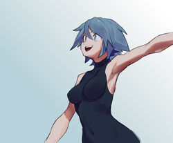  aqua_(kingdom_hearts) armpits blue_eyes blue_hair breasts commentary covered_navel drowsykrid female highres kingdom_hearts kingdom_hearts_birth_by_sleep open_mouth short_hair simple_background sleeveless smile solo 