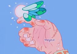  absurdres artist_name bad_id bad_twitter_id blue_background bruise commentary english_commentary fairy fairy_wings hands highres injury link meyoco on_finger scar scar_on_hand simple_background the_legend_of_zelda wings 