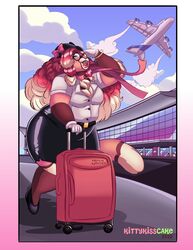  absurd_res aircraft airplane airport anthro bag belt blue_sky bottomwear brown_body brown_fur clothing cloud domestic_cat ear_piercing eyewear felid feline felis female flying footwear formal_wear fur glasses gloves hair handwear headgear headwear hi_res high_heels lionberrymochi lips lipstick long_hair long_tail looking_pleasured looking_up luggage makeup mammal neckline obese orange_body orange_fur overweight piercing pink_lipstick pink_nose rin_kumoshiko scarf skirt sky slightly_chubby smile solo tail thick_lips thick_thighs travel vehicle white_body white_clothing white_fur white_gloves white_handwear wide_hips 