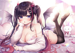  :o akuma-chan_(mitsuba_choco) black_hair black_thighhighs blurry blurry_background blush bow bra breasts candy candy_wrapper check_commentary cleavage collar commentary_request demon_girl demon_horns demon_wings depth_of_field diagonal_stripes female food frilled_pillow frills full_body gradient_hair grey_wings heart heart-shaped_pillow holding holding_candy holding_food holding_lollipop horns legs_up lollipop long_sleeves looking_at_viewer lying medium_breasts mitsuba_choco multicolored_hair no_shoes oerba_yun_fang off-shoulder_shirt off_shoulder on_stomach open_mouth original panties pennant pillow pink_bra pink_panties polka_dot purple_eyes red_hair shirt side-tie_panties sleeves_past_wrists soles solo strap_slip streaked_hair string_of_flags striped striped_bow stuffed_animal stuffed_rabbit stuffed_toy swirl_lollipop thighhighs twintails twitter_username underwear white_collar white_shirt wings 