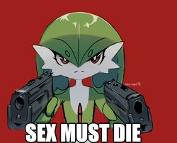  2020 adam_angel aiming_at_viewer ambiguous_gender angry artist_name digital_media_(artwork) dual_wielding english_text gardevoir generation_3_pokemon green_hair gun hair handgun hi_res holding_gun holding_object holding_ranged_weapon holding_weapon humanoid humor icon impact_(font) meme nintendo no_horny not_furry pistol pointing_gun pointing_gun_at_viewer pokemon pokemon_(species) ranged_weapon reaction_image red_background red_eyes simple_background solo text weapon 