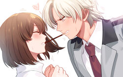  1boy blazer blush bob_cut closed_eyes collared_shirt dutch_angle embarrassed face-to-face facing_another female food food_in_mouth from_side grey_jacket hanegasaki_academy_school_uniform heart highres jacket looking_at_another mouth_hold necktie pocky pocky_kiss portrait profile protagonist_(tokimemo_gs2) red_necktie saeki_teru school_uniform shared_food shirt short_hair simple_background straight sweat tenryou_sena tokimeki_memorial tokimeki_memorial_girl&#039;s_side_2nd_kiss trembling white_background white_hair white_shirt 