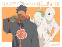  1boy akatsuki_uniform black_coat black_hair coat commentary gloves happy_halloween high_collar long_sleeves male_focus mask naruto_(series) naruto_shippuuden spiked_hair sweatdrop tobi_(naruto) v wide_sleeves zetsu_(naruto) zifletts 