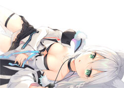  aliter animal_ear_fluff animal_ears aqua_eyes blush bra braid breasts female fox_ears fox_girl hair_down hair_ornament hairclip hololive long_hair looking_at_viewer lying medium_breasts official_alternate_costume on_back panties shirakami_fubuki shirakami_fubuki_(fubukitek) side_braid solo underwear virtual_youtuber white_hair white_panties 