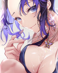  blue_eyes breast_press breasts cleavage collarbone earrings female gradient_hair hair_between_eyes jewelry kimetsu_no_yaiba kochou_shinobu looking_at_viewer medium_breasts mitsunari_miyako multicolored_hair nail_polish necklace purple_hair purple_nails short_hair solo twirling_hair upper_body wet wet_hair 