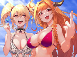  2girls :d ahoge bare_shoulders black_choker blonde_hair breasts candy choker cleavage coco_kaine day dragon_horns food hairband holding holding_food hololive horns kiryu_coco large_breasts lollipop long_hair looking_at_viewer middle_finger mikan_(chipstar182) mole mole_on_breast mole_under_eye multicolored_hair multiple_girls open_mouth orange_hair outdoors pointy_ears purple_eyes red_eyes smile tongue tongue_out twintails virtual_youtuber 