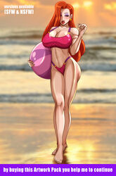  1girls 2022 alternate_version_available beach beach_ball big_breasts bikini cleavage disney english_text green_eyes hair_over_one_eye holding_beachball jessica_rabbit long_hair long_red_hair red_hair safe_for_work seaside sfw text text_box voluptuous who_framed_roger_rabbit xkorner 